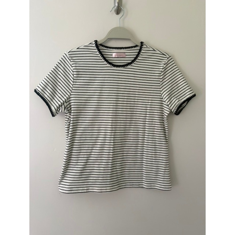 Teddi Rose Womens Striped Short Sleeve Top Black White Crochet Trim Size M